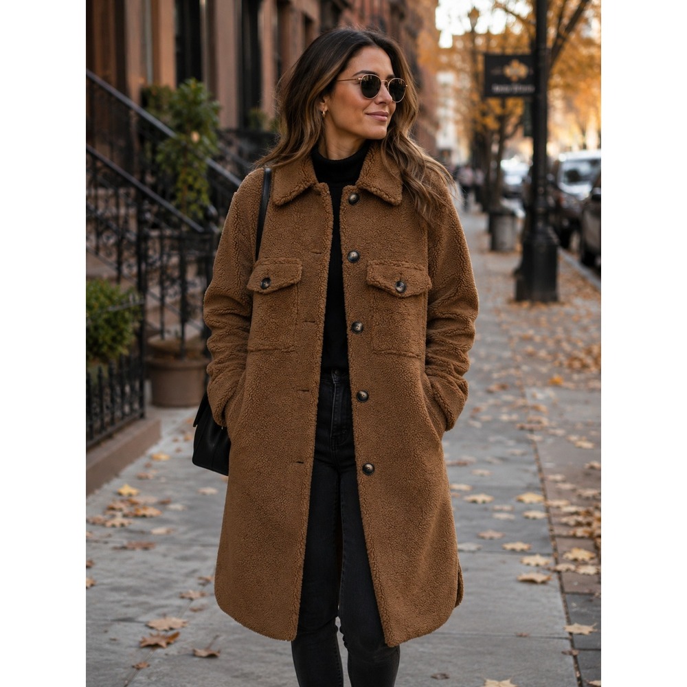 Rebecca Minkoff Sherpa Teddy Long Jacket Womens Medium Brown Longline Coat